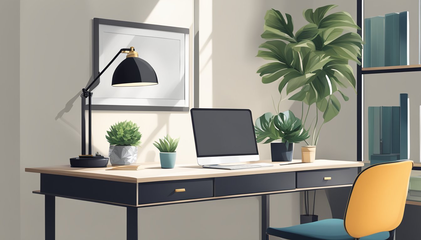 A sleek, modern desk sits in a well-lit office space. A potted plant and a stylish desk lamp add a touch of elegance to the scene