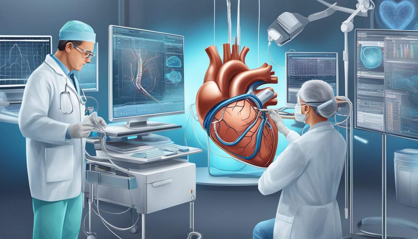 A doctor inserts a stent into a heart artery, surrounded by medical equipment and monitors