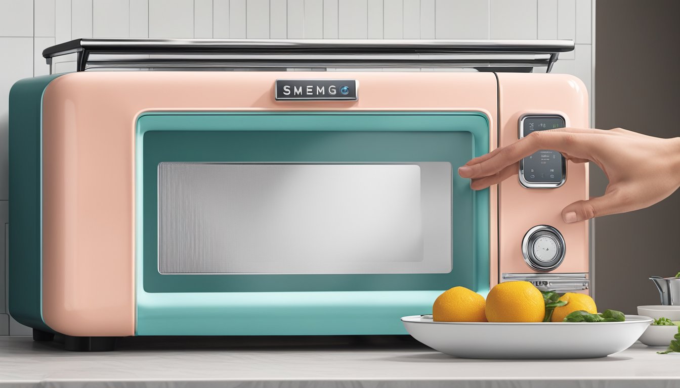 A hand reaches for the sleek Smeg microwave on the countertop, its retro design and vibrant color options catching the eye