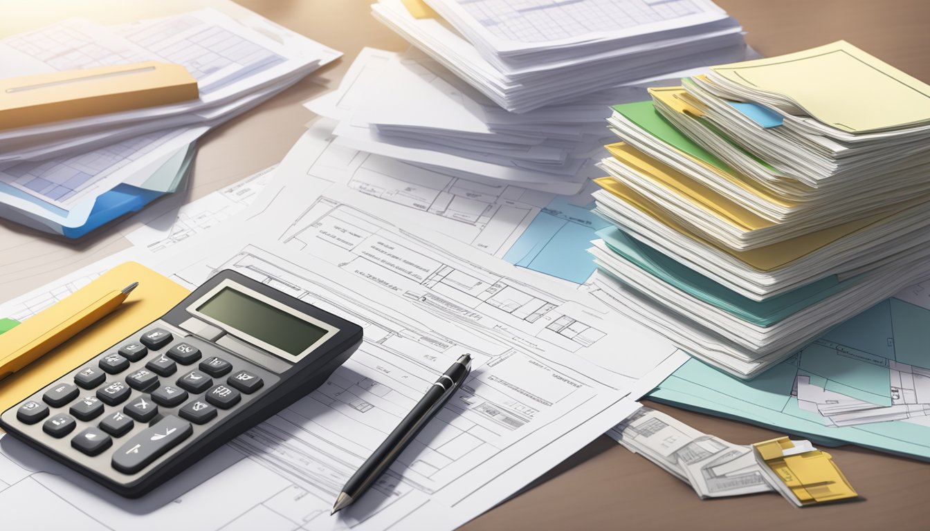 A stack of legal documents and a calculator sit on a desk, with a HDB flat floor plan and a contract for a new home loan in the background