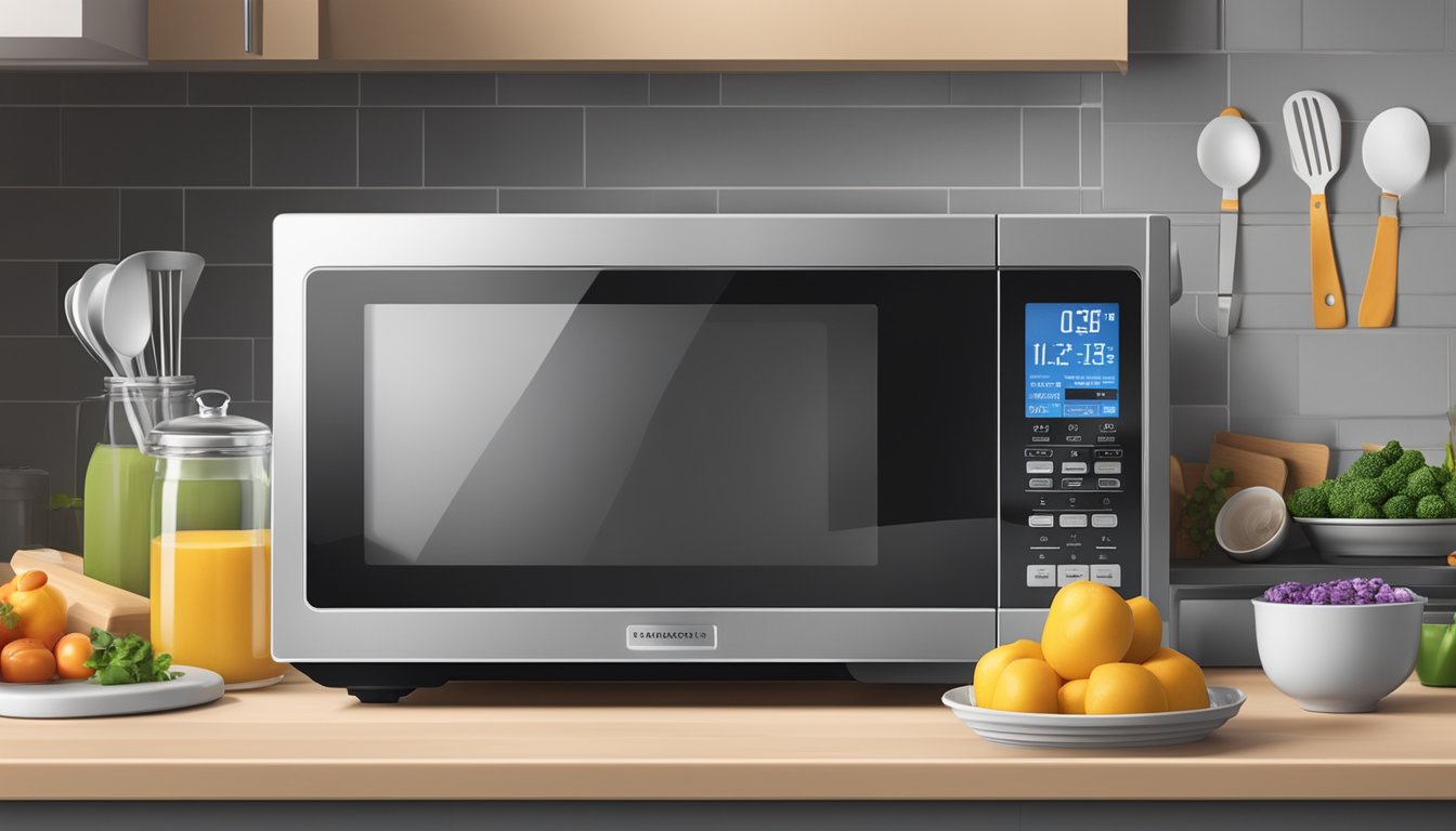 A sleek silver microwave with a digital display sits on a kitchen countertop, surrounded by various food containers and utensils