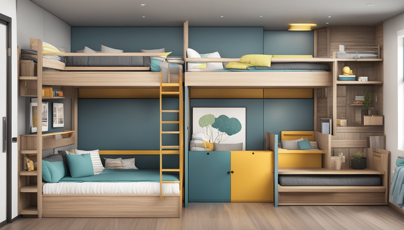Two bunk beds with built-in storage underneath, one against each wall, with a ladder in the middle