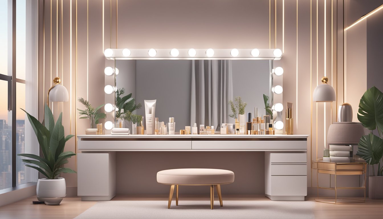 A sleek, modern dressing table with a large mirror, neatly organized beauty products, and soft lighting