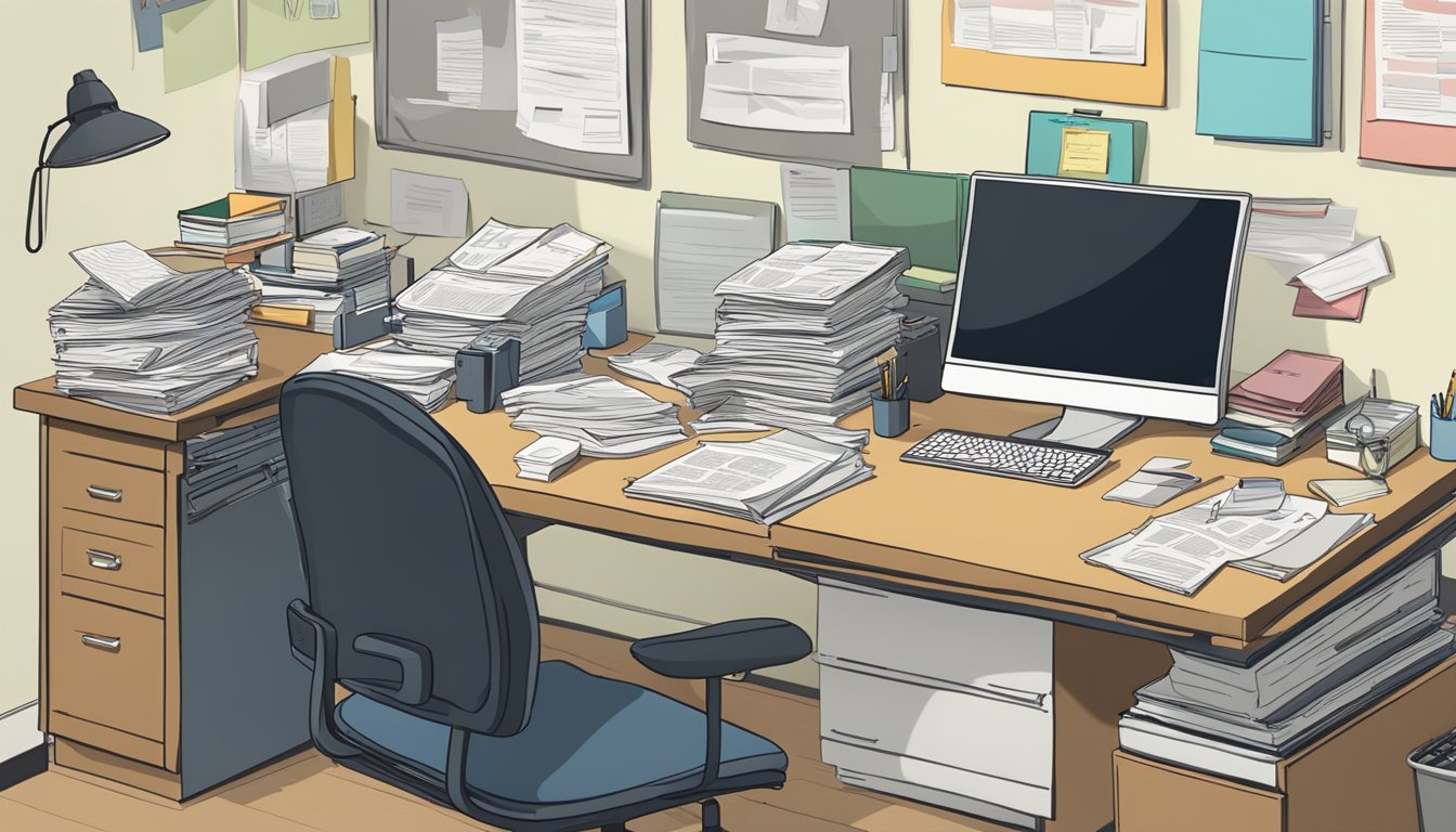 A cluttered desk with a "Frequently Asked Questions" sign on the wall behind it. Papers, a computer, and office supplies are scattered around