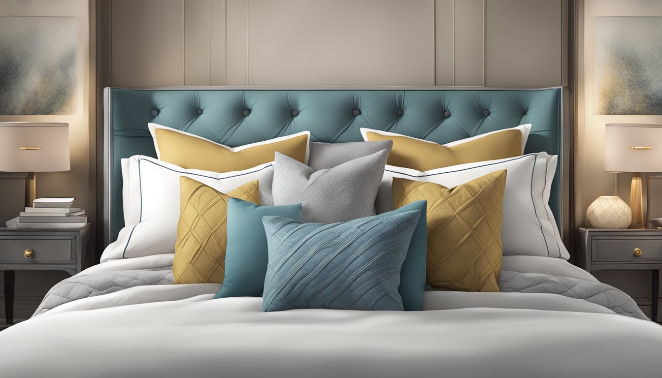 A plush king bed with layers of soft pillows and a cozy duvet, creating a sense of depth and comfort