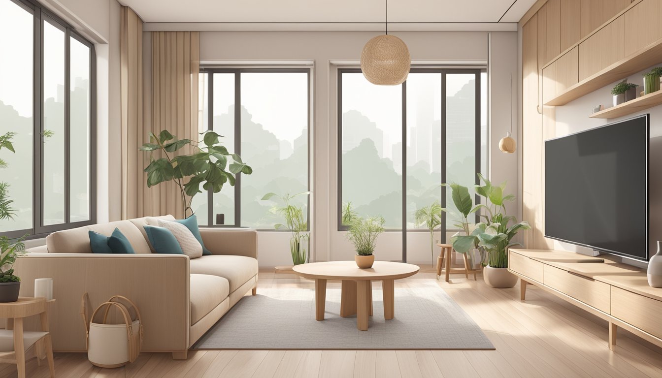 A cozy living room in an HDB flat with light wood furniture, clean lines, and minimalistic decor. A large window lets in natural light, and a neutral color palette creates a serene atmosphere