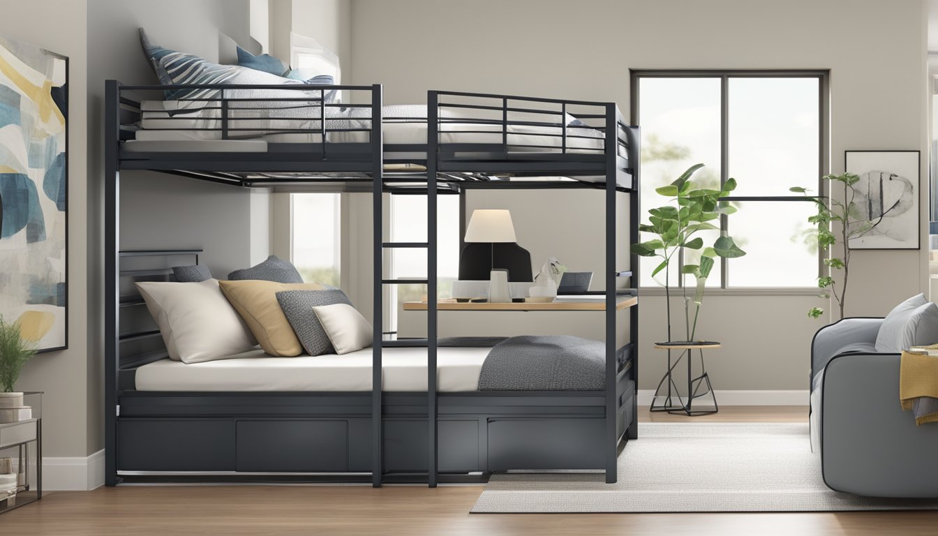 Bunk beds with built-in storage drawers and shelves. Sturdy metal frame with ladder. Clean, modern design with sleek lines and neutral colors