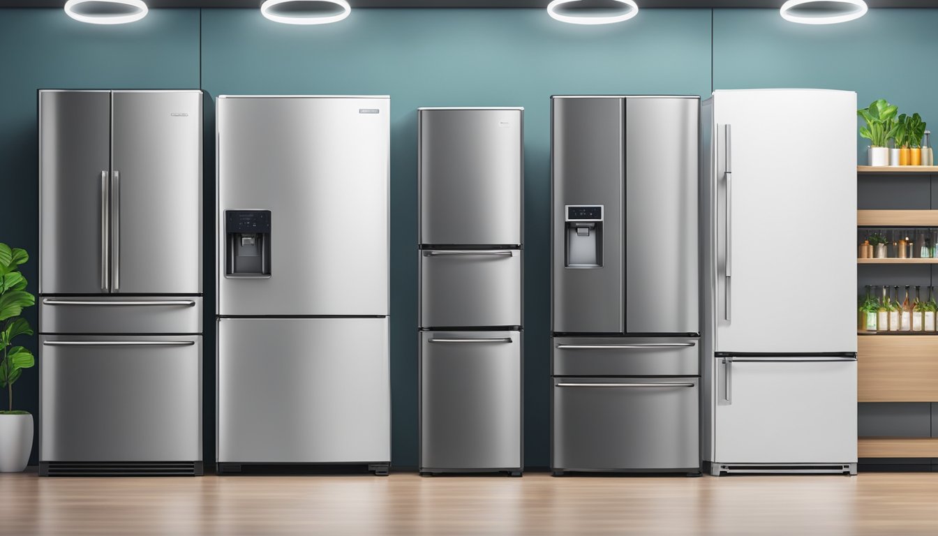 Various fridge models displayed in a showroom. Price tags visible. Customers examining features. Bright lighting. Clean, modern setting