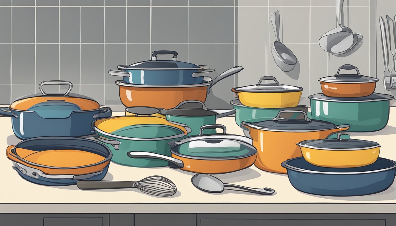 A variety of oven-safe cookware, including pots, pans, and baking dishes, arranged neatly on a kitchen countertop