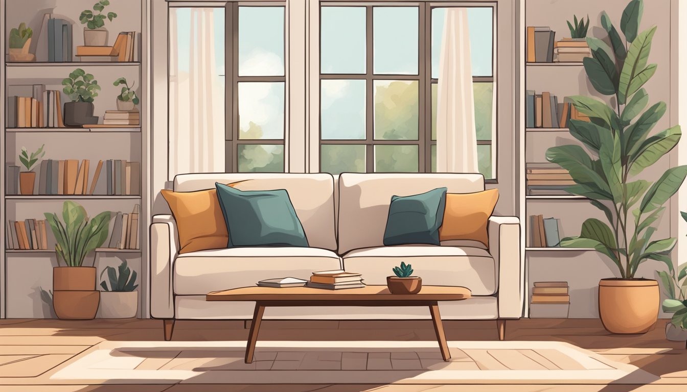 A cozy sofa sits in a sunlit living room, adorned with plump cushions and a soft throw blanket. The room is inviting and warm, with a bookshelf and a potted plant in the background