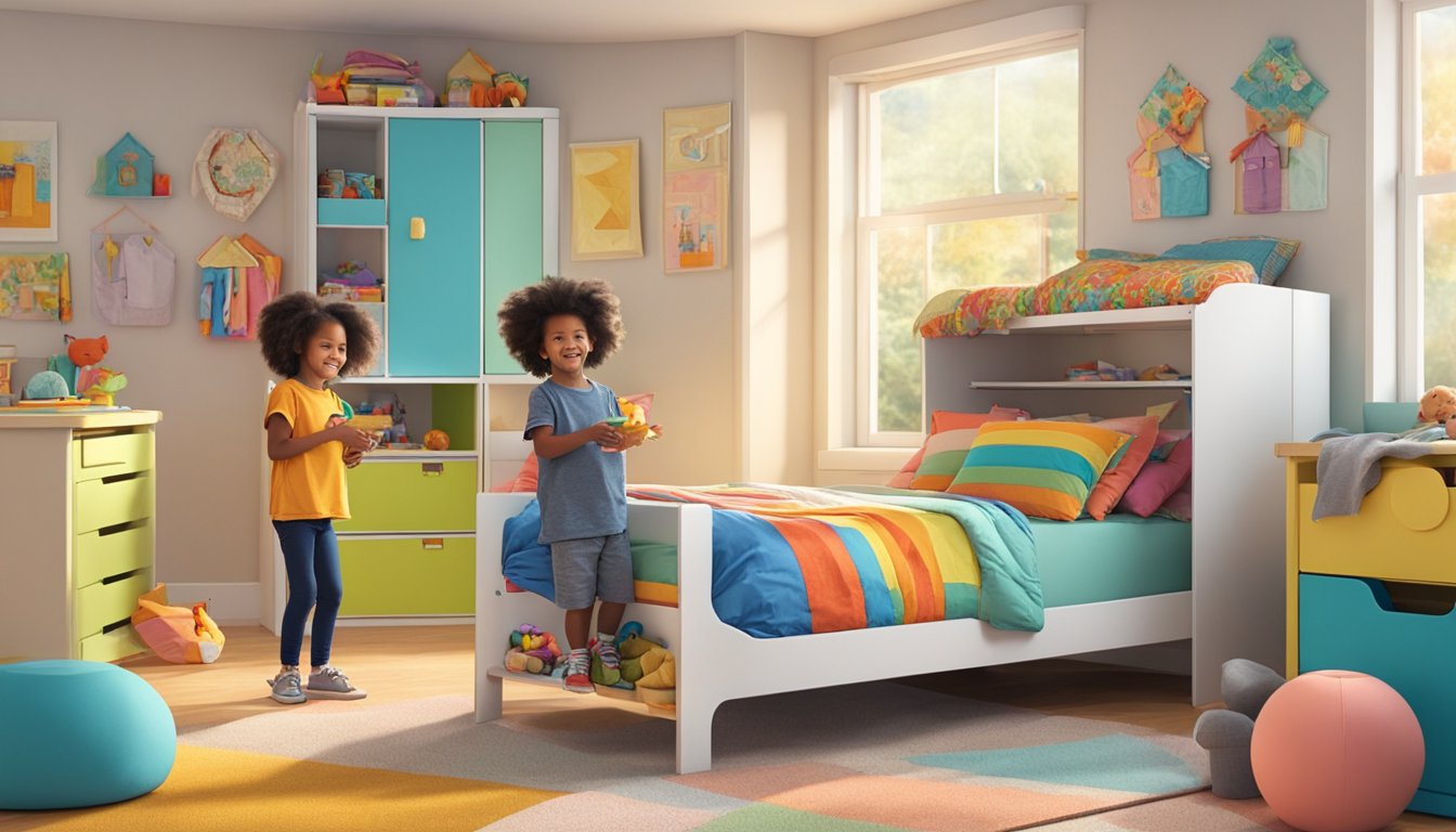 Two children stand in front of a bunk bed with built-in storage compartments, carefully considering which one to choose. The room is bright and cheerful, with colorful bedding and toys scattered around