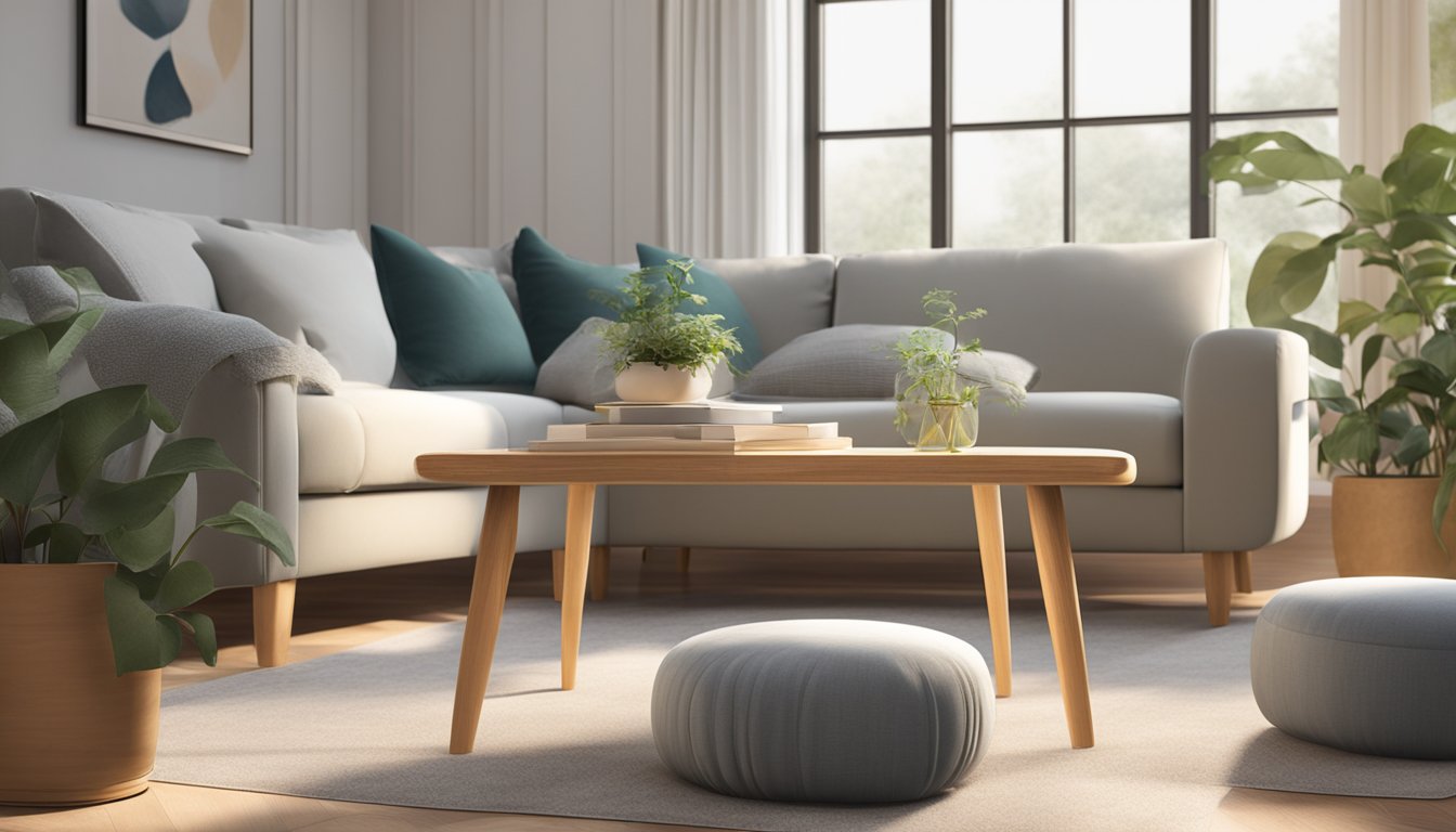 A small footstool sits in a cozy living room, adorned with a soft cushion and sturdy wooden legs. The room is bathed in warm, natural light, creating a peaceful and inviting atmosphere