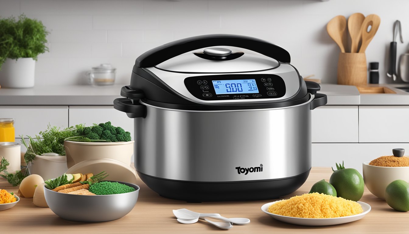 The Toyomi multi cooker sits on a clean kitchen counter, surrounded by various cooking ingredients and utensils. The cooker's digital display shows it is in use