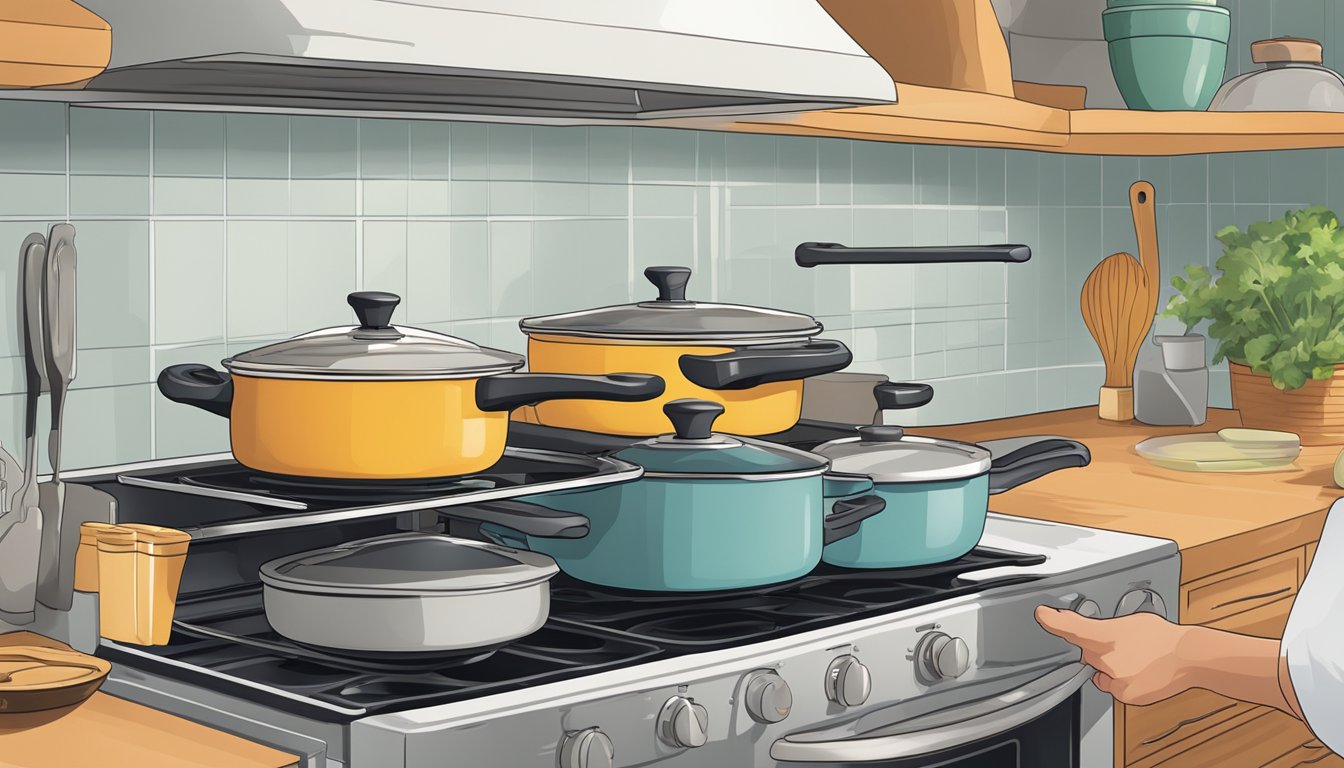 A hand reaches for a stack of oven-safe cookware, including pots and pans, displayed on a shelf in a well-lit kitchen