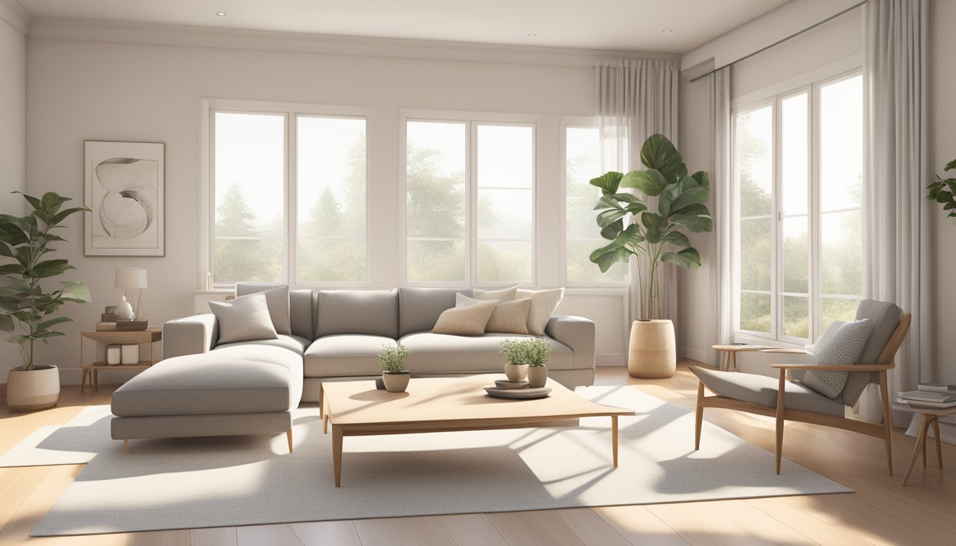 A bright, airy living room with minimalist furniture, natural materials, and clean lines. Soft, neutral colors create a cozy atmosphere, while large windows let in plenty of natural light