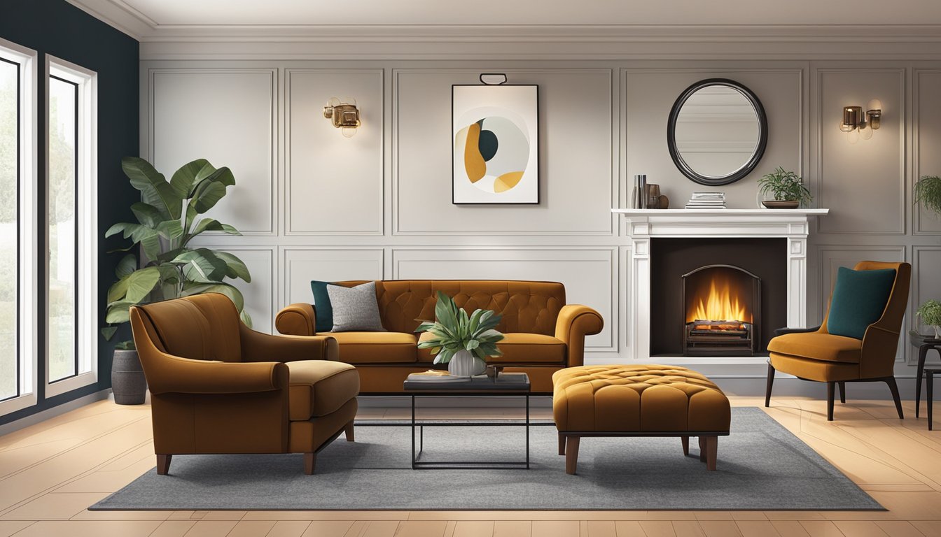 A cozy living room with a plush sofa and a stylish footstool, positioned in front of a warm fireplace. The footstool is upholstered in a rich, deep color, adding a touch of elegance to the room