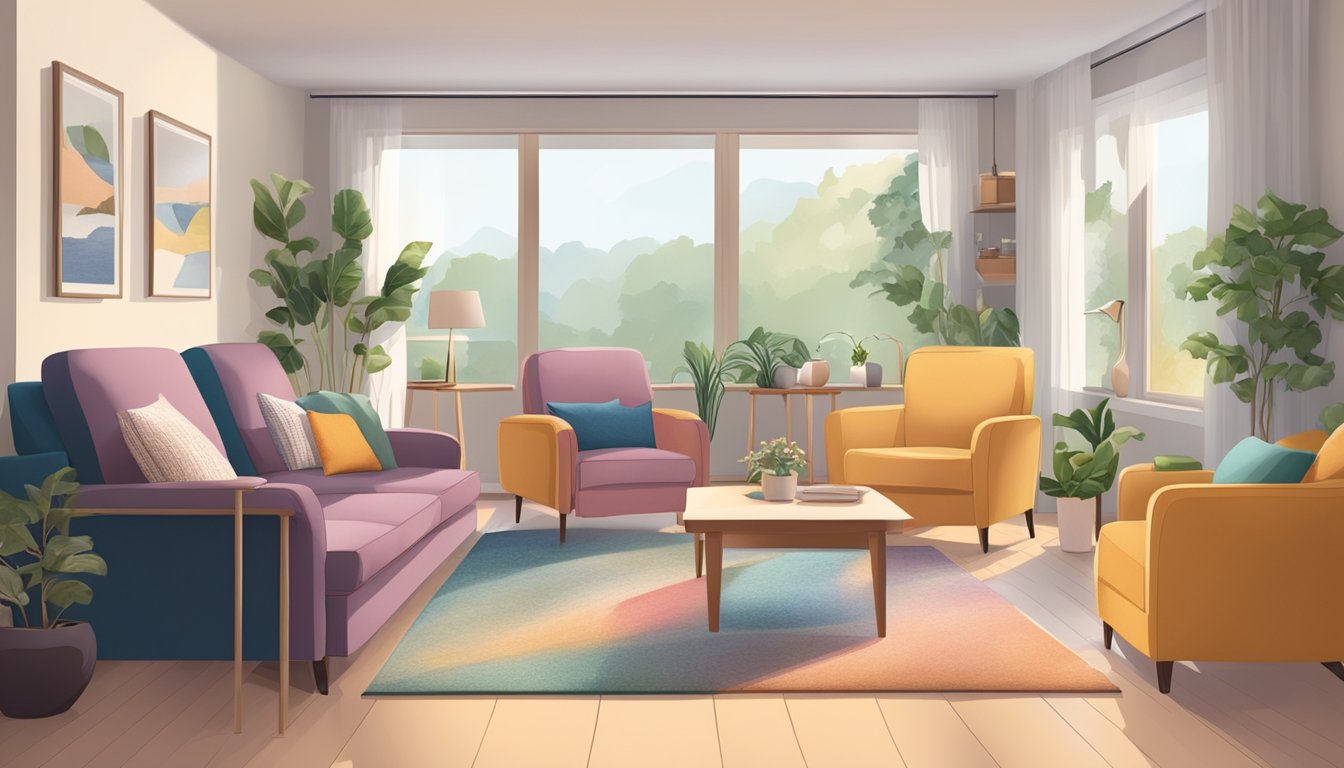 A cozy living room with ergonomic chairs, adjustable beds, and stylish storage solutions for seniors. Bright colors and soft fabrics create a welcoming atmosphere