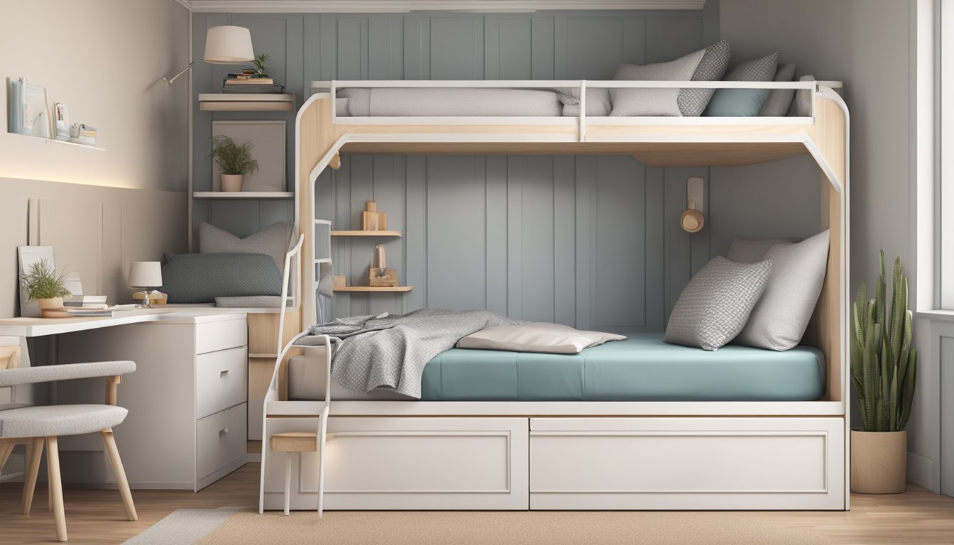 Two bunk beds with built-in storage compartments against a wall in a tidy bedroom. Sheets are neatly tucked in, and pillows are fluffed