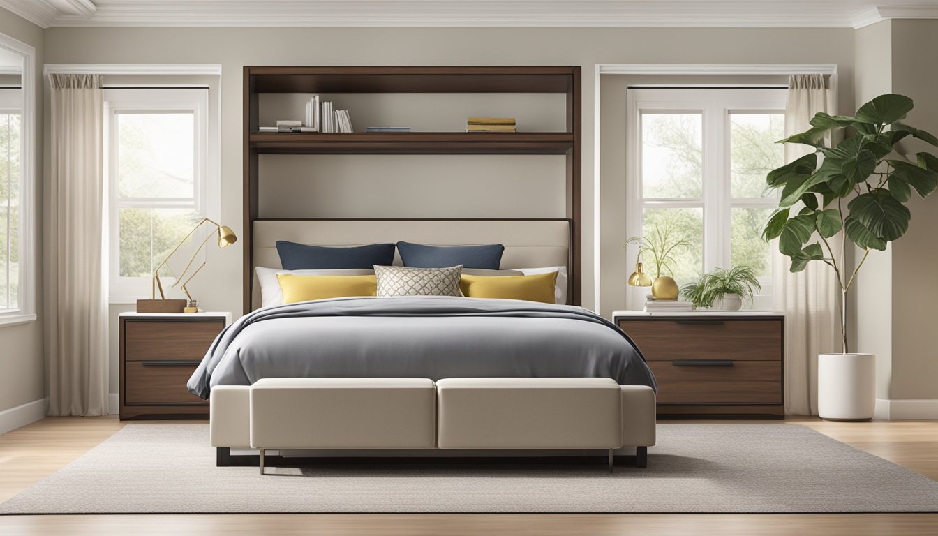 A queen bed with built-in storage, made of sleek wood and metal accents, sits against a backdrop of soft, neutral walls