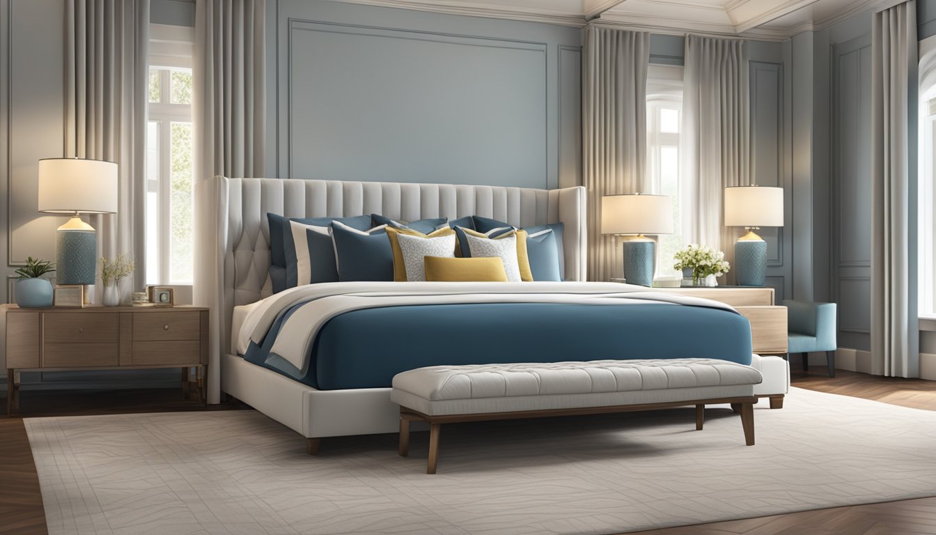 A king bed with a deep mattress sits in a spacious room, adorned with luxurious bedding and pillows