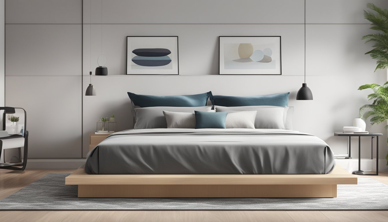A platform bed frame sits in a modern, minimalist bedroom. Clean lines and sleek design give a sense of contemporary style