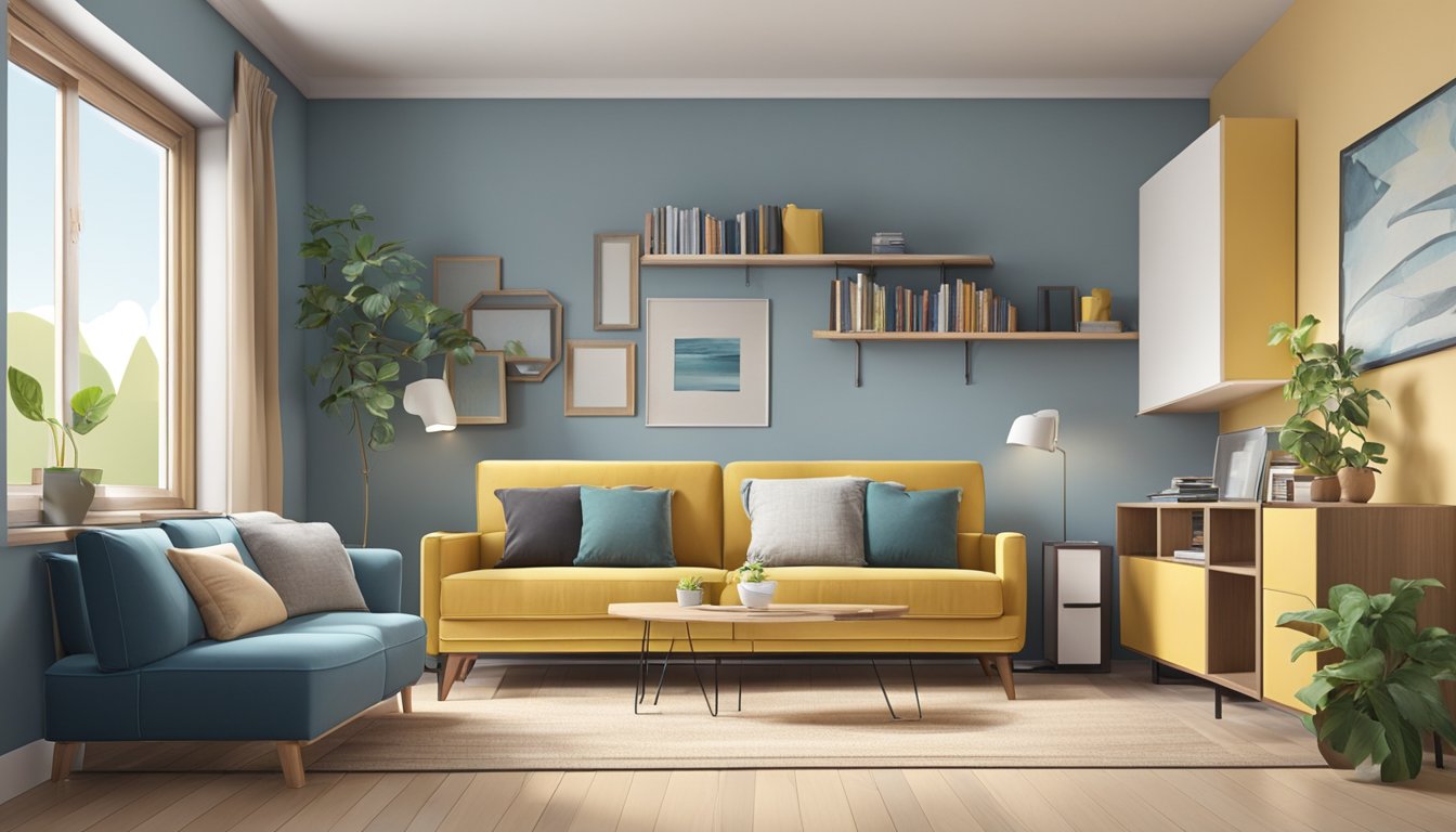 A small living room with a cheap two-seater sofa against the wall, surrounded by space-saving furniture and clever storage solutions
