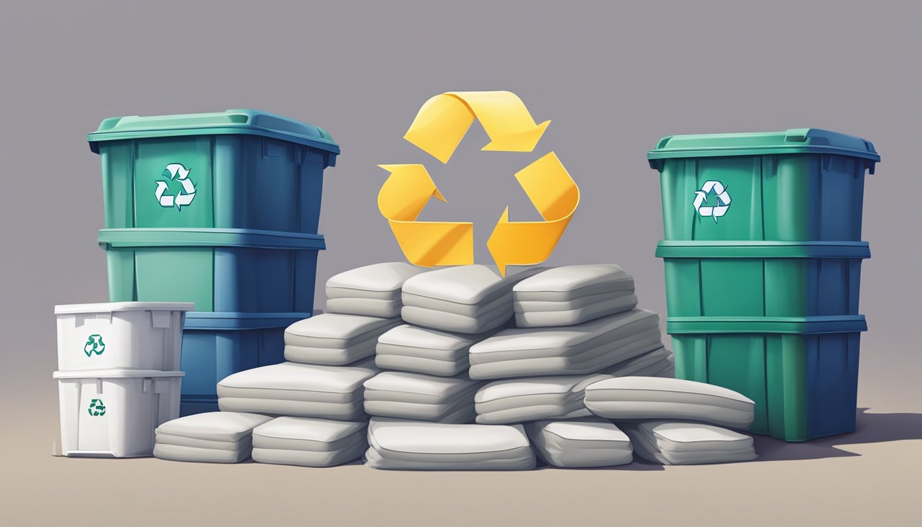 A stack of discarded mattresses with a recycling symbol, surrounded by bins for different materials