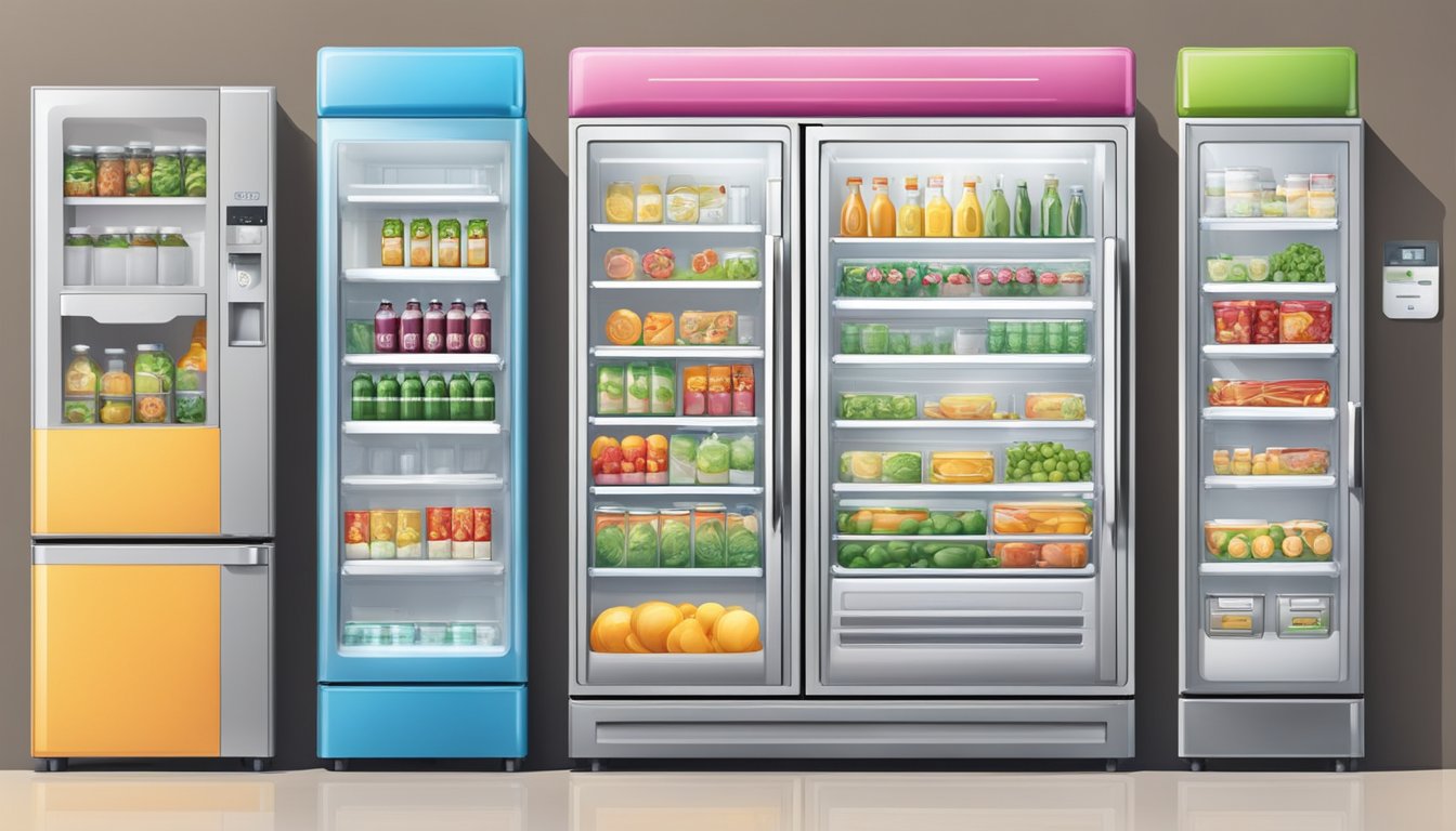 Various fridge brands displayed with price tags. Shelves lined with models of different sizes and features. Store signage highlights price comparisons