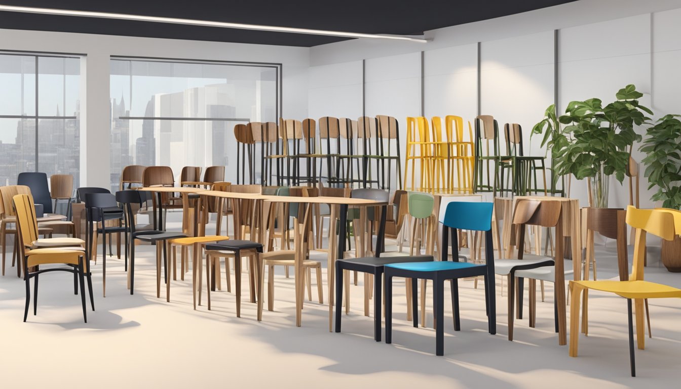 A variety of chair materials and styles on display in a showroom. Wood, metal, and plastic chairs in different designs and colors