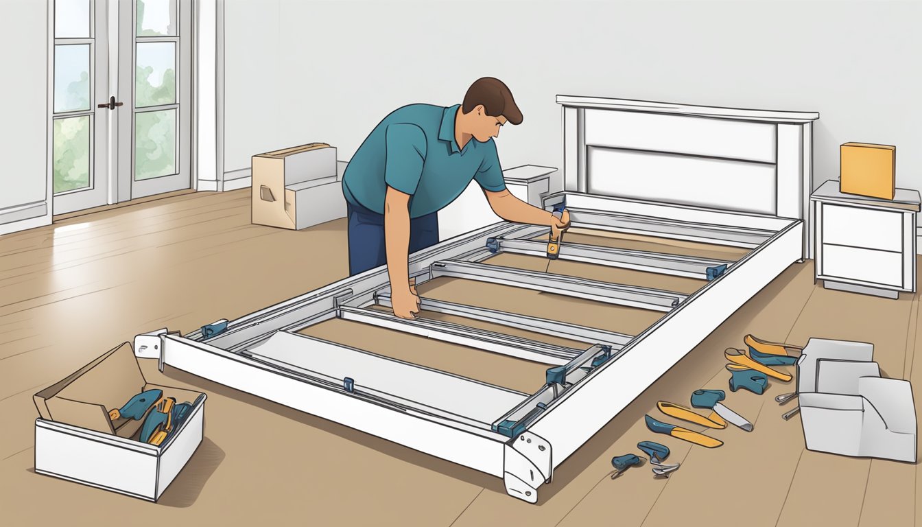A person assembling a platform bed frame with tools and instructions nearby