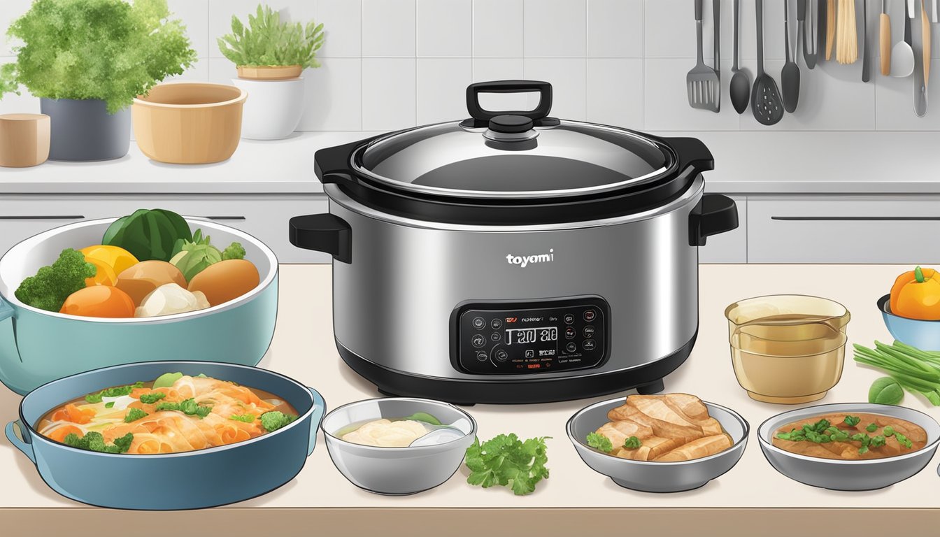 The Toyomi multi cooker sits on a kitchen countertop, surrounded by various cooking ingredients and utensils. The cooker's versatile features are highlighted, with different cooking modes and settings clearly visible
