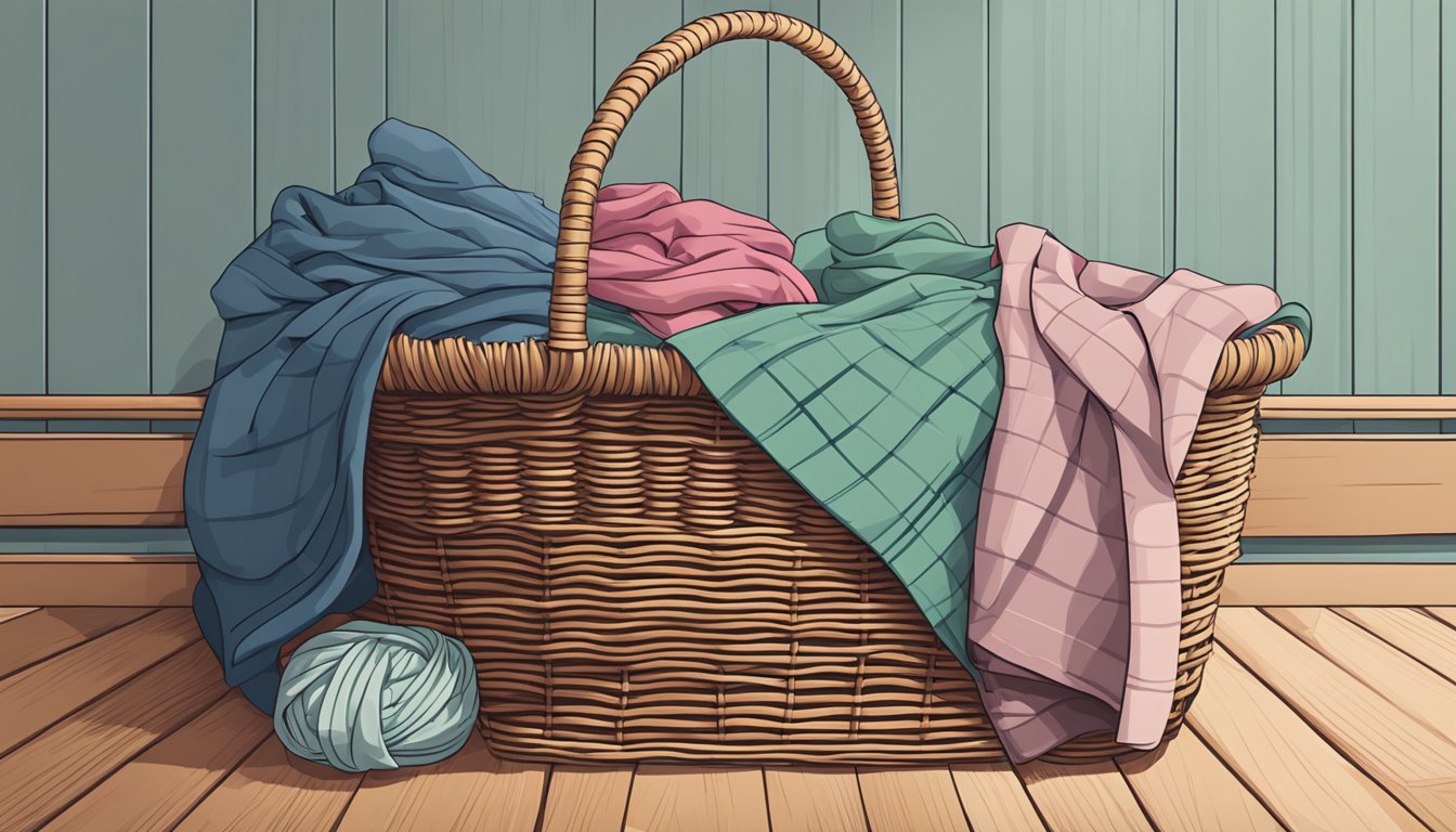 A wicker basket sits on a wooden floor, filled with neatly folded clothes