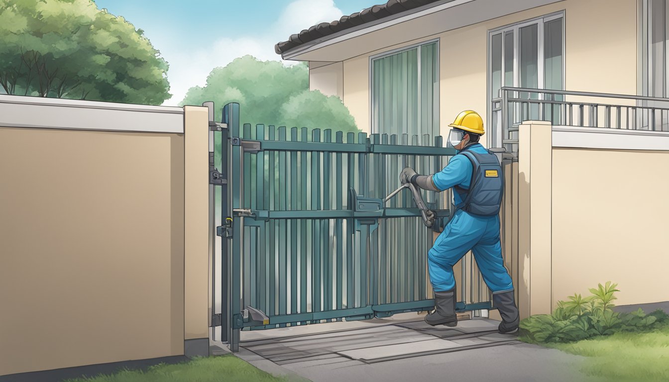 A person removing an HDB gate with tools and wearing protective gear