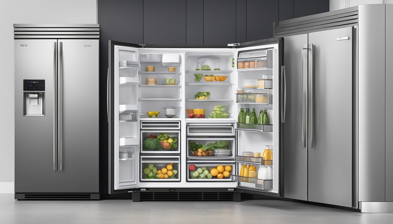A 2-door fridge, 70 inches tall, 36 inches wide, and 32 inches deep, stands against a white wall in a modern kitchen, with stainless steel finish and sleek handles