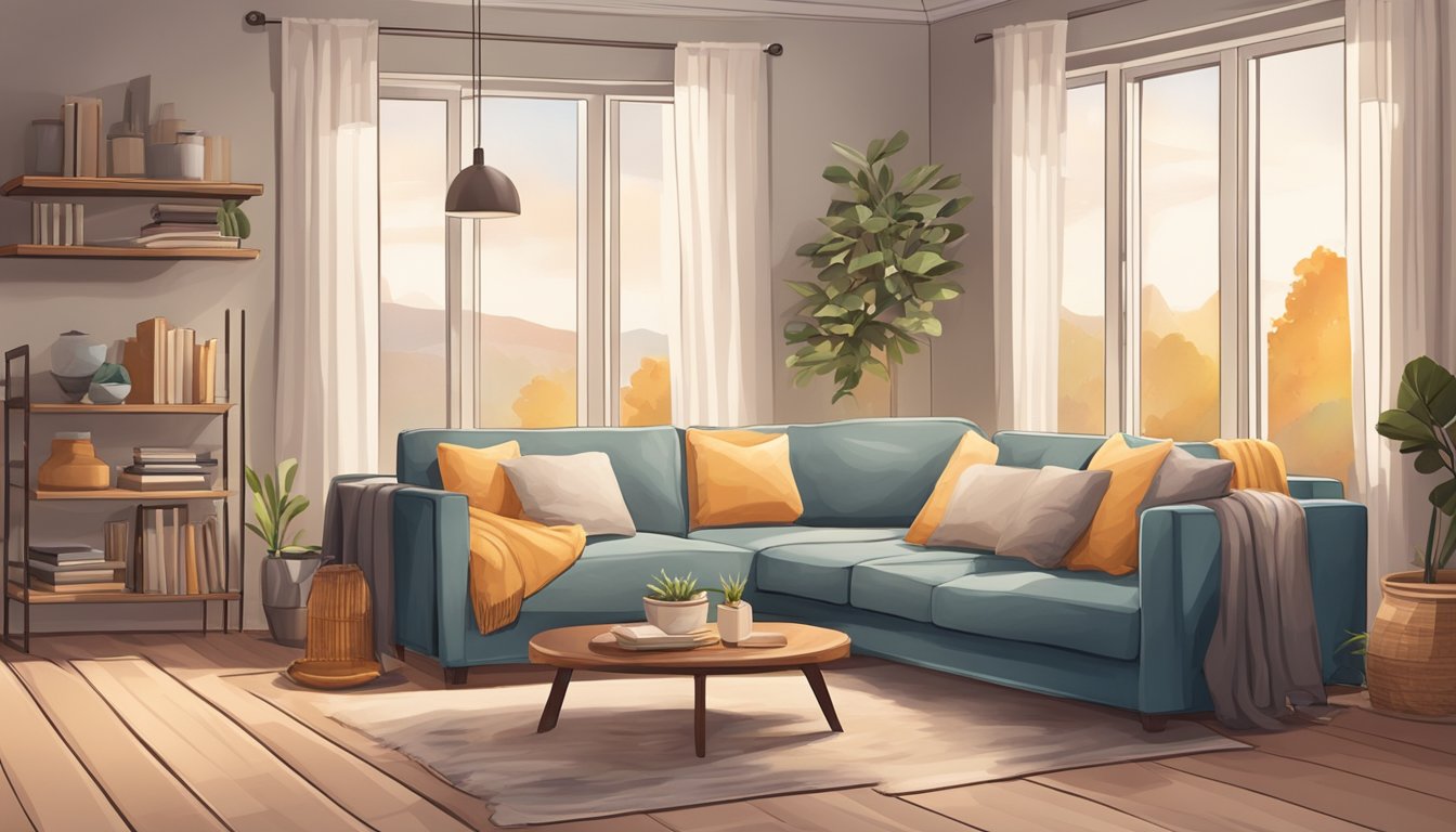 A cozy living room with a small, affordable sofa bed in the corner, surrounded by soft pillows and a warm throw blanket