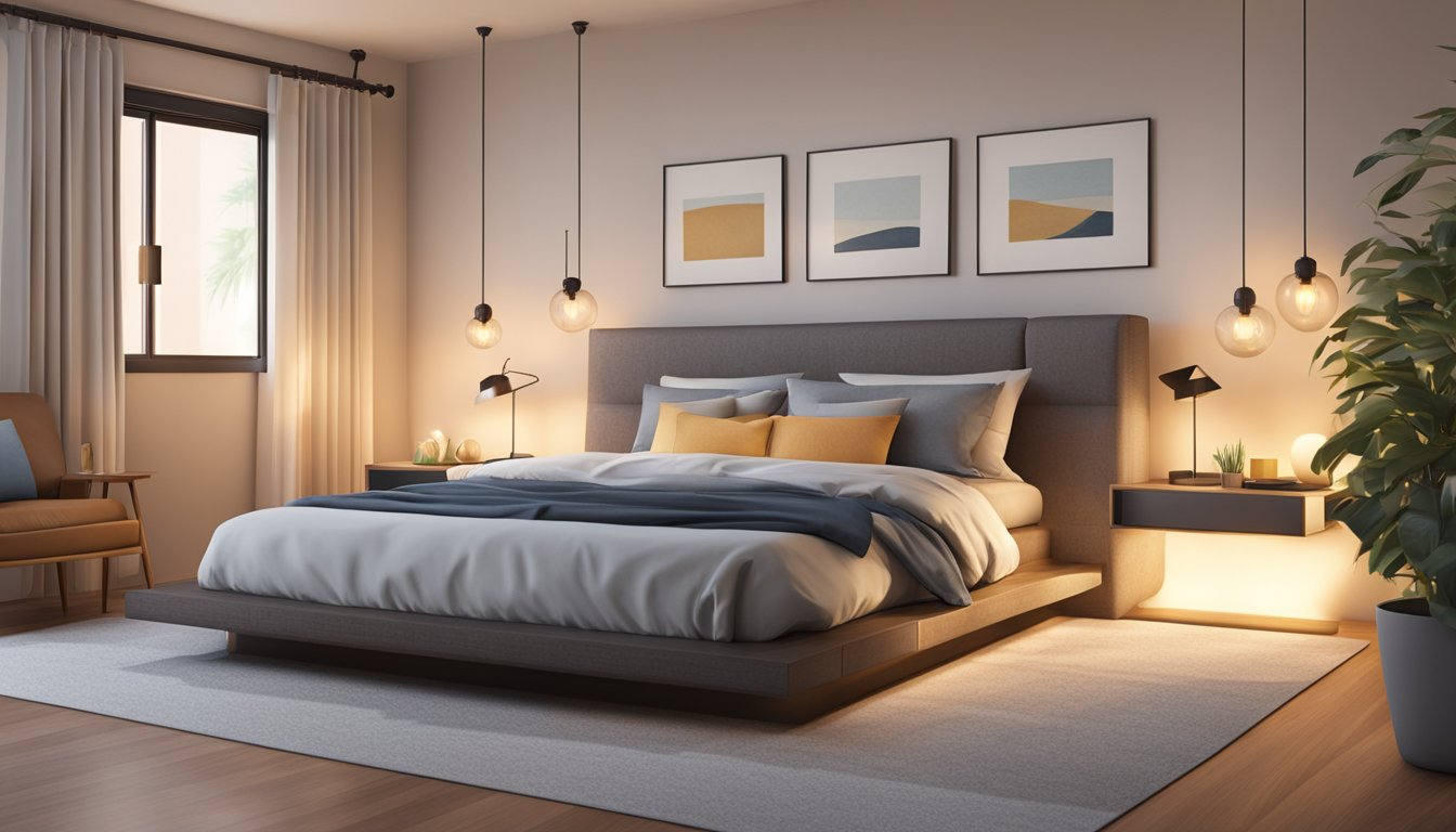 A cozy bedroom with a modern platform bed frame, soft bedding, and warm lighting creating a relaxing and inviting atmosphere