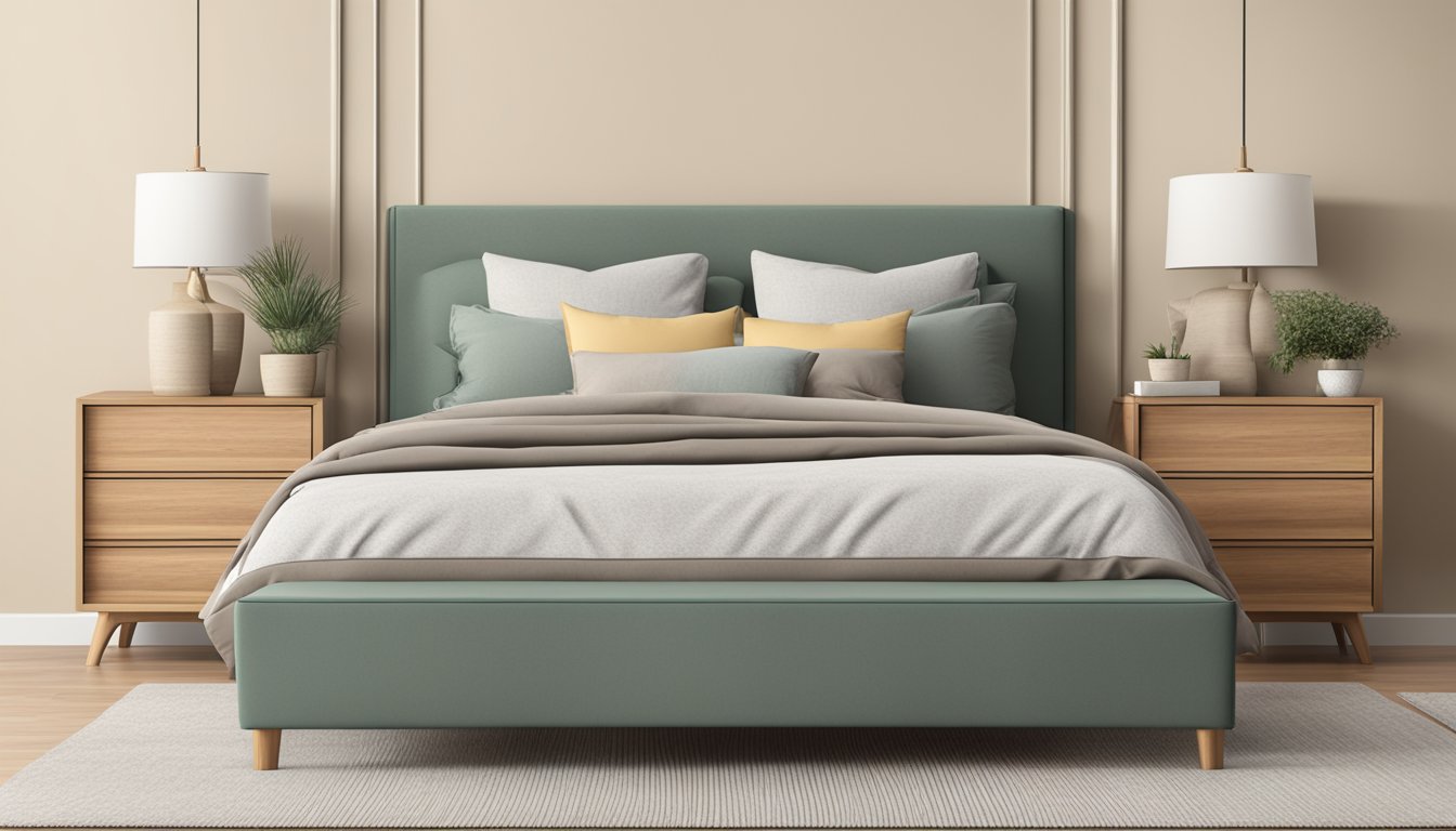 A queen size bed frame with built-in storage drawers underneath, against a neutral-colored wall with a cozy comforter and pillows