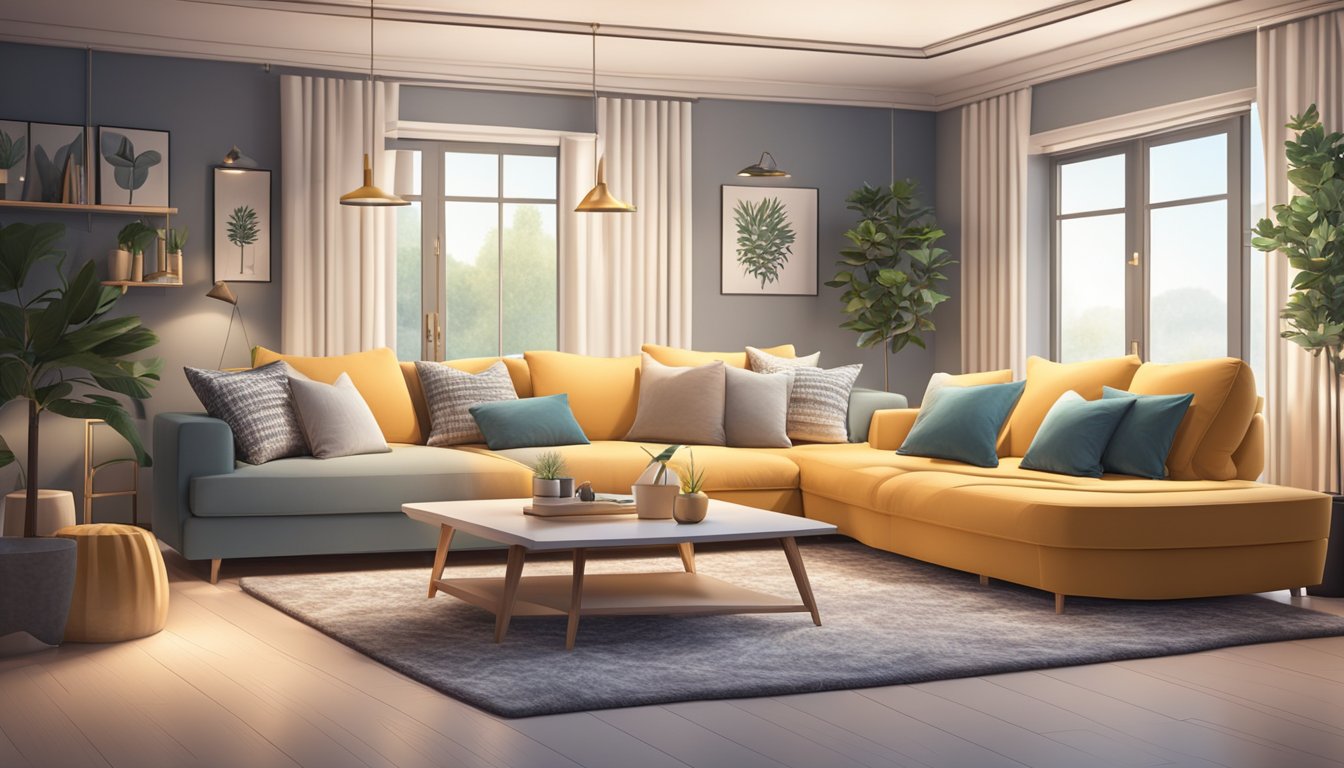 A modern living room with a sleek, multi-functional sofa bed, surrounded by stylish decor and soft lighting for a cozy and inviting atmosphere