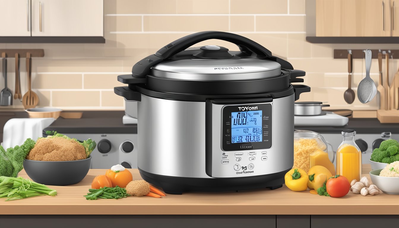 The Toyomi multi cooker sits on a kitchen countertop, surrounded by various cooking ingredients and utensils. The cooker's digital display shows different cooking modes and a timer