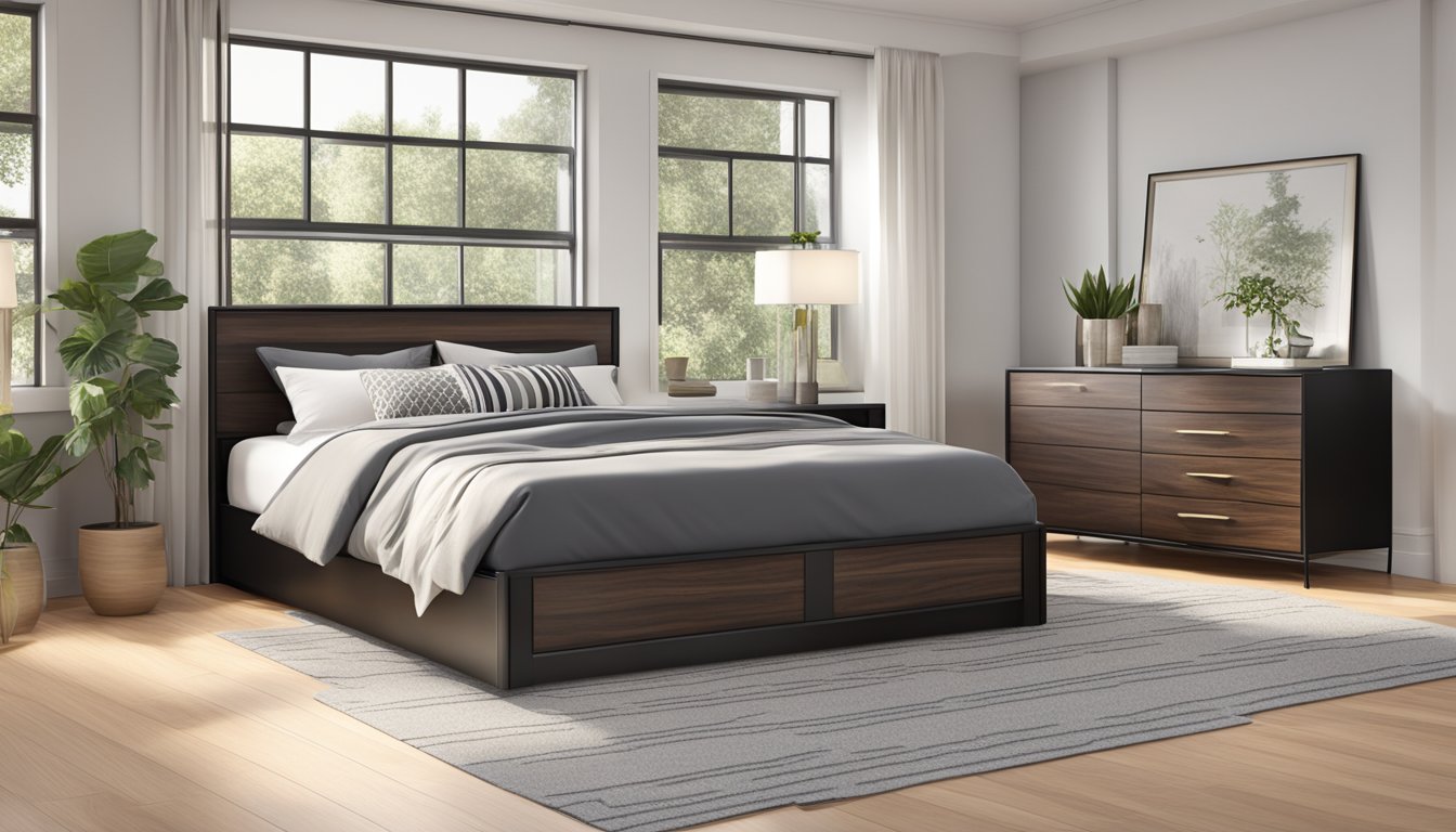 A queen size bed frame with built-in storage, made of sleek, dark wood and metal accents, sits in a spacious, modern bedroom