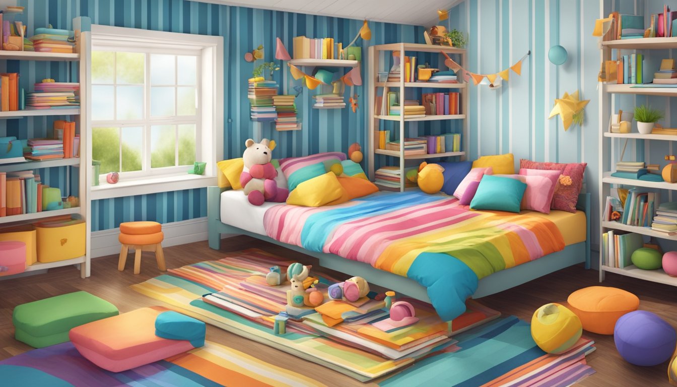 A triple decker bed with colorful striped bedding, surrounded by scattered toys and books