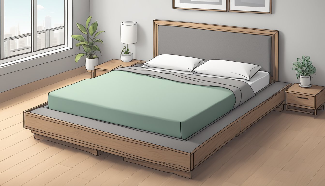 A platform bed frame surrounded by question marks, with a list of frequently asked questions displayed nearby