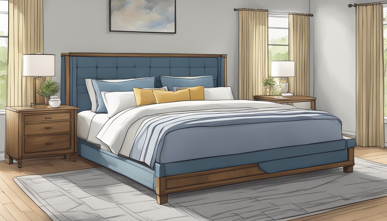 A king-sized bed with various depth measurements labeled, surrounded by question marks