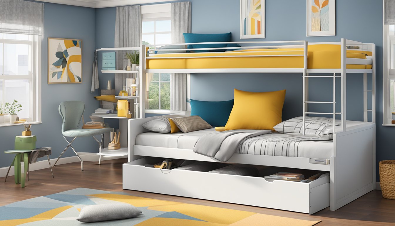 A triple decker bed with sleek, modern design and versatile functionality, featuring built-in storage, sturdy ladder, and space-saving layout