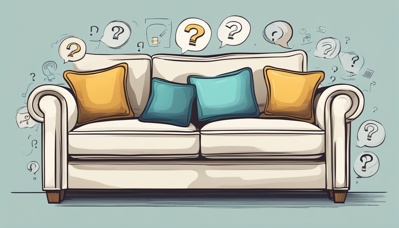 A cheap two-seater sofa surrounded by question marks and a list of common inquiries