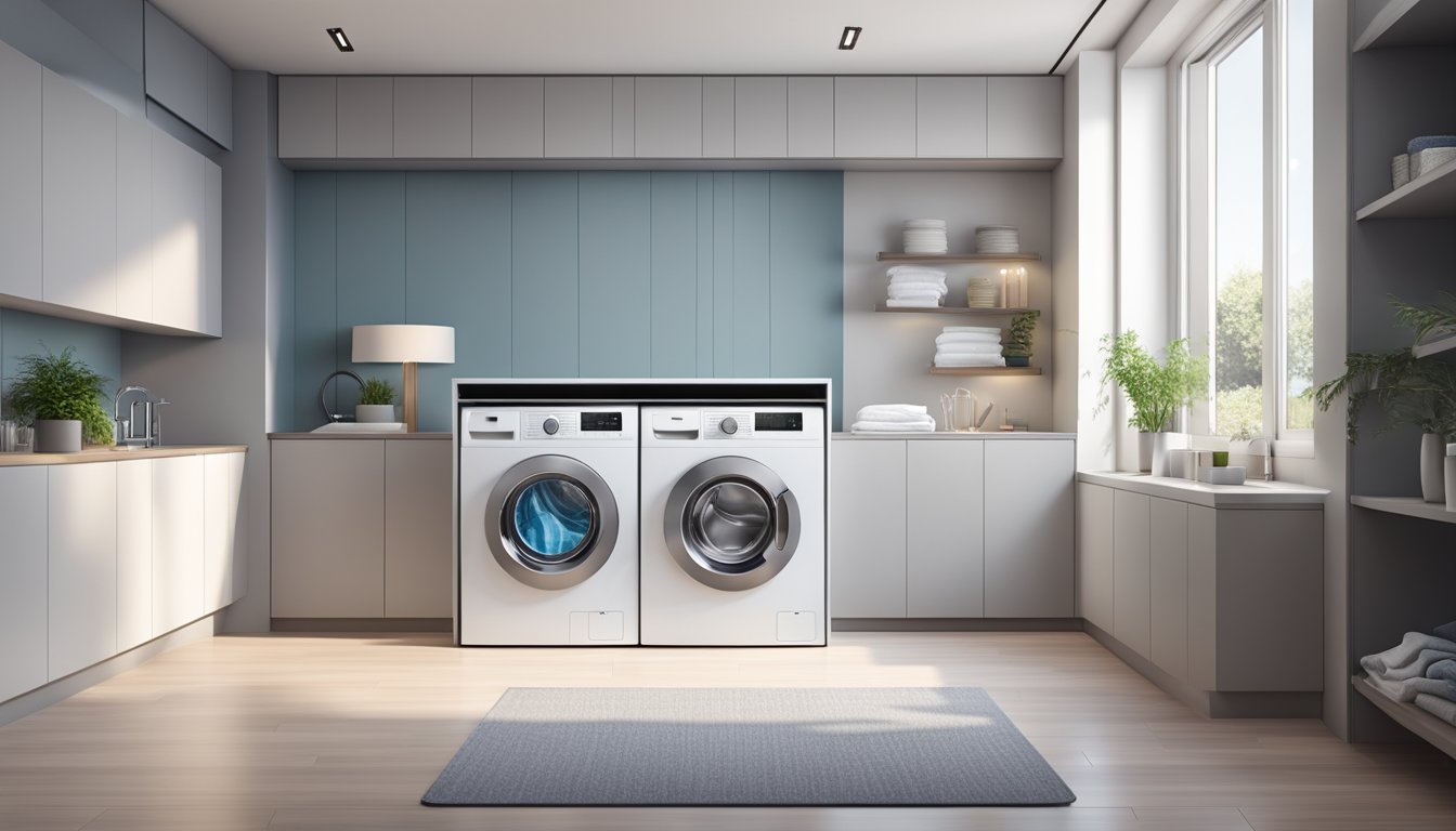 A 10kg washing machine sits in a bright, modern laundry room. The machine is sleek and silver, with digital controls and a transparent door