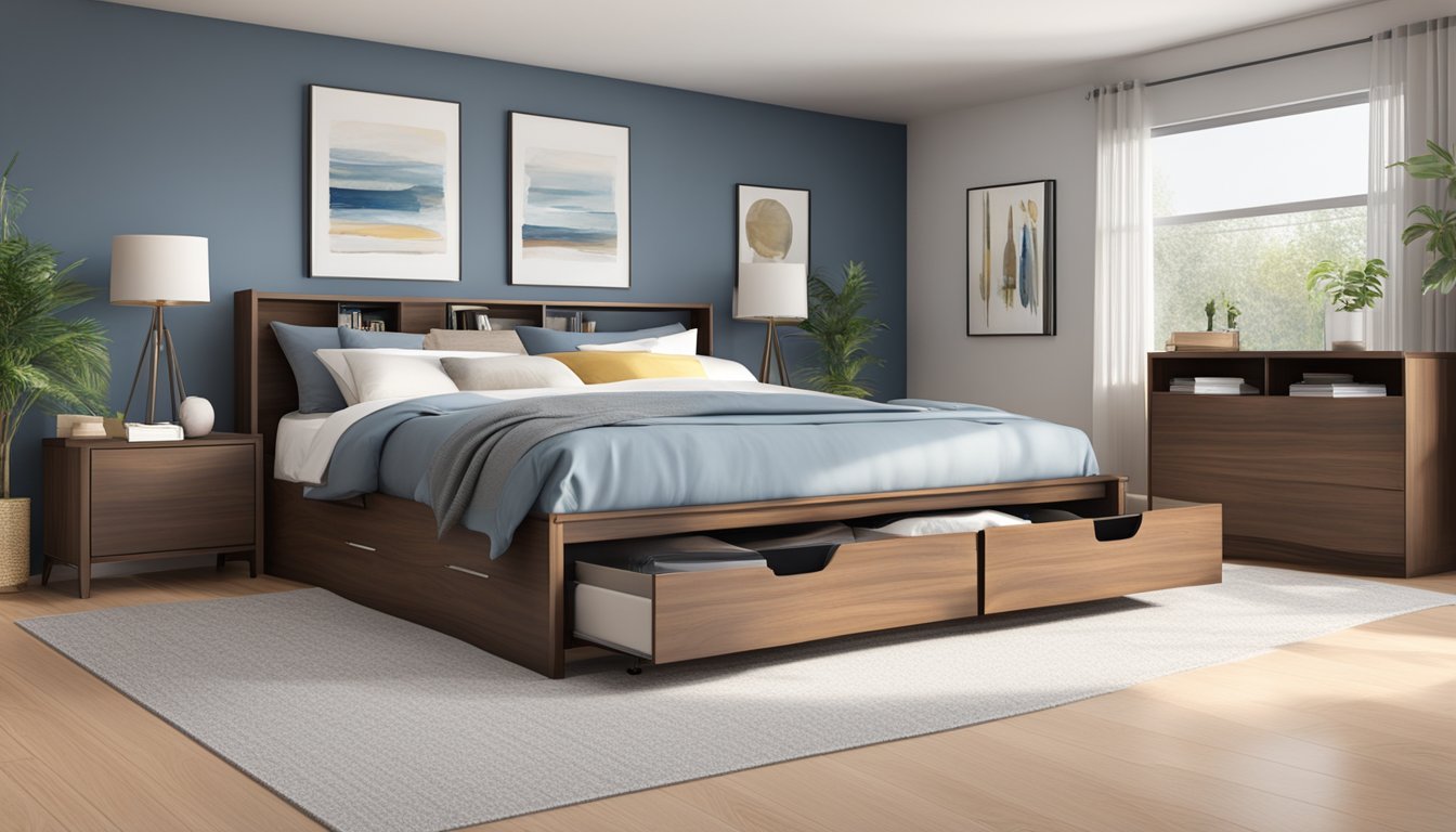 A queen size bed frame with storage, featuring sleek lines and a sturdy build, sits in a spacious bedroom. The dimensions are clearly visible, showcasing the ample storage space underneath the bed