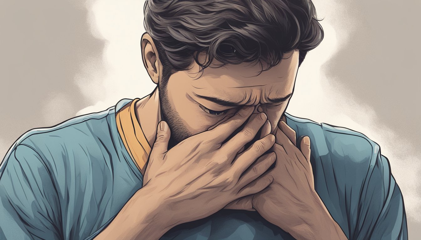 A person clutching their chest in pain, sweating, and struggling to breathe, with a look of distress on their face