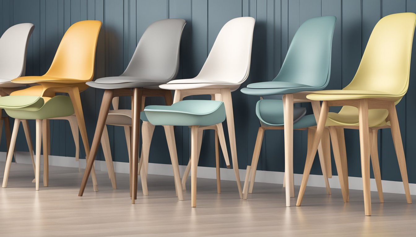 A group of stylish and affordable dining chairs displayed in a showroom, with various designs and colors to choose from