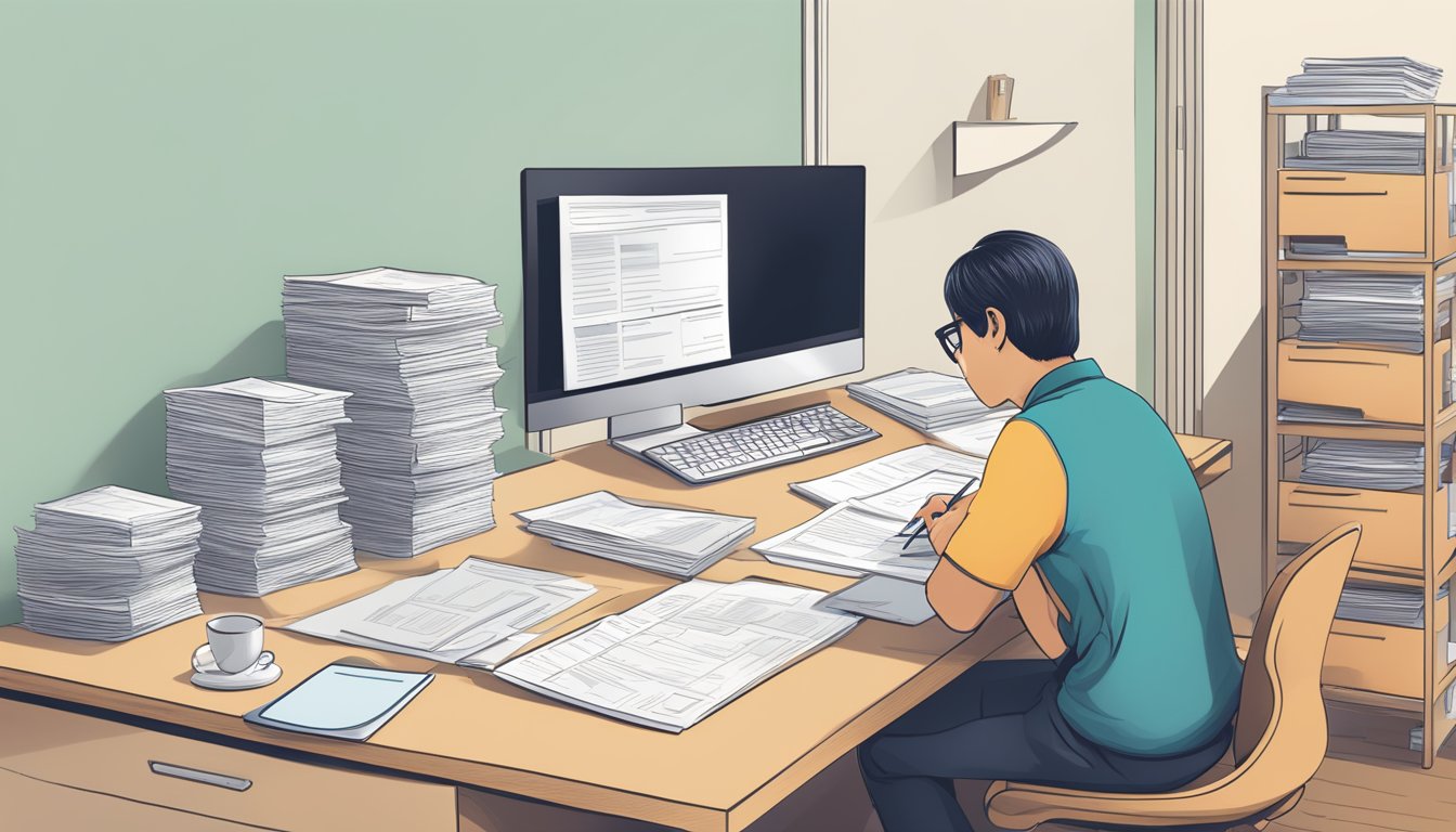 A person filling out eligibility forms for HDB housing, with a stack of documents and a computer on a desk